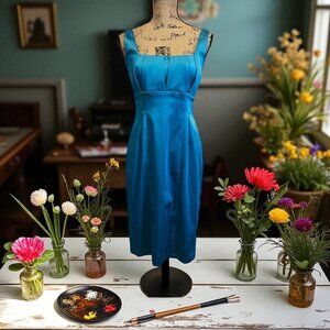 Calvin Klein Teal Satin Square Neck Midi Cocktail Chic Minimalist Party Dress 6